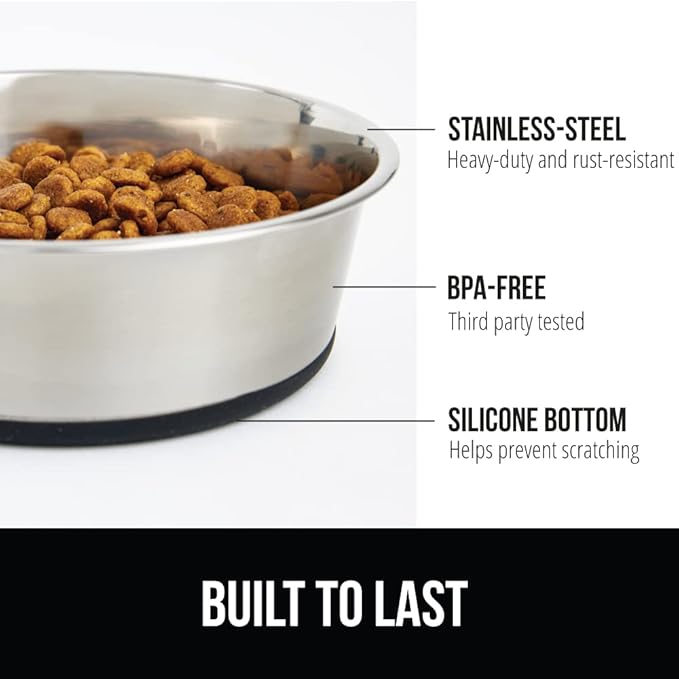 GORILLA GRIP Set of 2 Dog Bowls, Holds 8 Cups (64 fl oz), Heavy Duty Metal Food and Water Bowl for Feeding Dogs and Cats, Dishwasher Safe, Rust Resistant Stainless Steel, BPA Free Rubber Base, Black