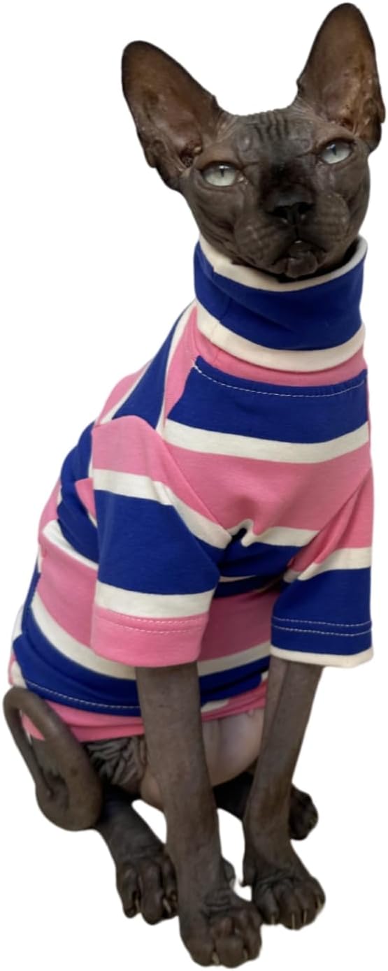 Vintage Stripes Sphynx Hairless Cats Shirt Cotton Cat Turtleneck Pet Clothes Kitten T-Shirts with Sleeves for Sphynx Cats (Wide Pink Blue Stripe, Large)