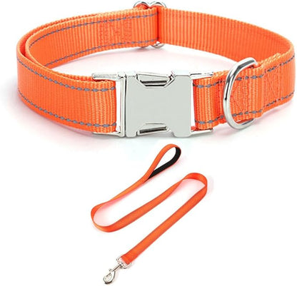 Reflective Dog Collar and Leash Set with Metal Buckle, Soft Sturdy Nylon Dog Collars with Quick Release Buckle, Adjustable Pet Collars with with ID Tag Ring for Small Medium Large Dogs
