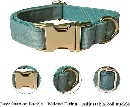 JAY D.L Dog Collar and Leash Set，Soft & Comfy Velvet Dog Collars with Heavy Duty Metal Buckle and Matching Lead Adjustable for Small Medium Large Dogs (Large, Lake Green)