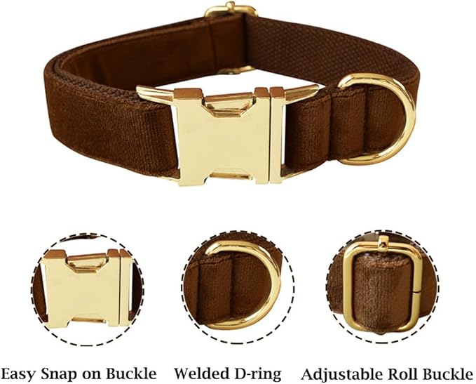JAY D.L Dog Collar and Leash Set，Soft & Comfy Velvet Dog Collars with Heavy Duty Metal Buckle and Matching Lead Adjustable for Small Medium Large Dogs (XLarge, Coffee)