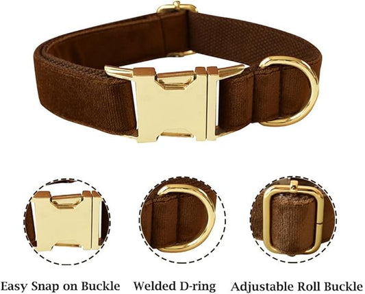 JAY D.L Dog Collar and Leash Set，Soft & Comfy Velvet Dog Collars with Heavy Duty Metal Buckle and Matching Lead Adjustable for Small Medium Large Dogs (Small, Coffee)
