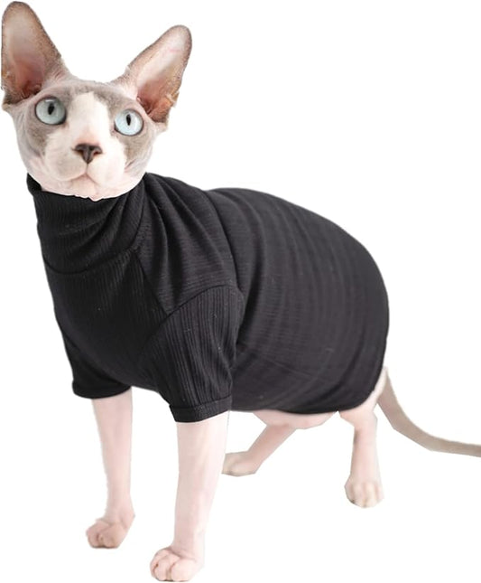 Sphynx Hairless Cats Shirt Cotton Cat Turtleneck Sweater Pullover Kitten T-Shirts with Sleeves Cat Pajamas Jumpsuit for Sphynx Cornish Rex, Devon Rex, Peterbald (XX-Large (Pack of 1), Black)