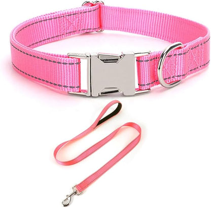 Reflective Dog Collar and Leash Set with Metal Buckle, Soft Sturdy Nylon Dog Collars with Quick Release Buckle, Adjustable Pet Collars with with ID Tag Ring for Small Medium Large Dogs