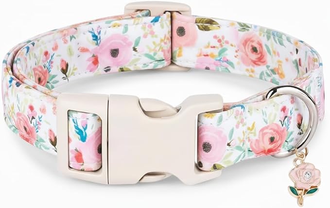 Dog Collar, Floral Girl Dog Collar with Pink Flowers, Cute Spring Summer Pattern for Girls Boys Small Medium Large Dogs, Soft Puppy Collar