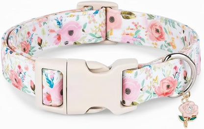 Dog Collar, Floral Girl Dog Collar with Pink Flowers, Cute Spring Summer Pattern for Girls Boys Small Medium Large Dogs, Soft Puppy Collar