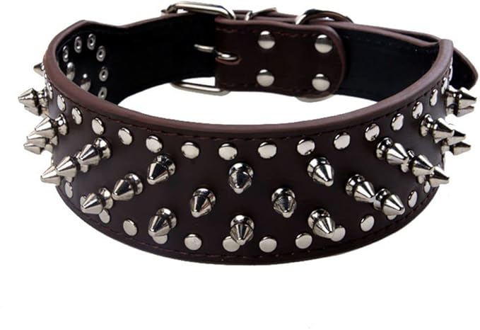Serijoars Spiked Studded Dog Collar, PU Leather Dog Collar, Adjustable Pet Collars for Medium or Large Breed Pet (XL, Dark Brown)