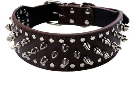 Serijoars Spiked Studded Dog Collar, PU Leather Dog Collar, Adjustable Pet Collars for Medium or Large Breed Pet (M, Dark Brown)