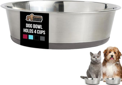 GORILLA GRIP Dog Bowls, Holds 4 Cups Each (32 fl oz), Heavy Duty Stainless Steel Food and Water Bowl for Feeding Dogs and Cats, Dishwasher Safe, Rust Resistant, BPA Free Rubber Base, Set of 2 Black