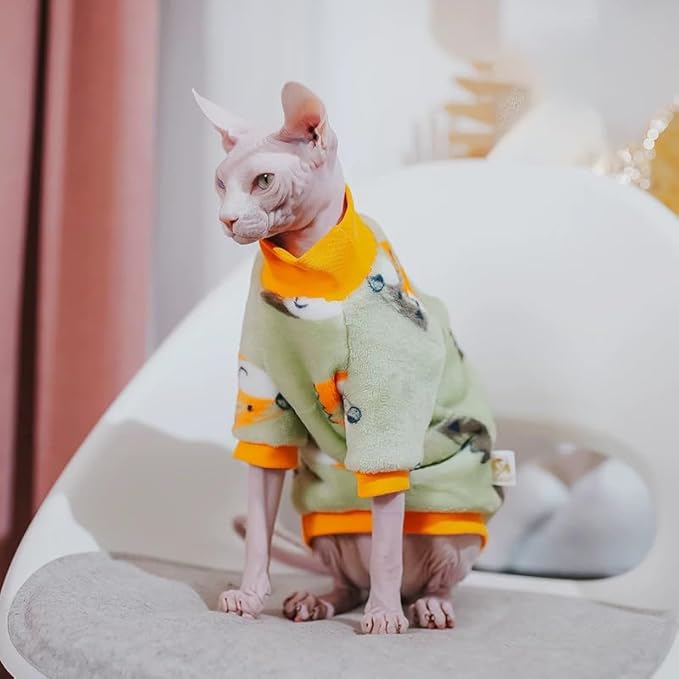 Sphynx Cat Warm Turtleneck Sweater, Thick Soft Double-Sided Fleece Clothes for Cats, Two-Legged Winter Onesie for Cats and Small Dogs,Pjs for Cats and Puppy (Fox, M (3.5-5lbs))