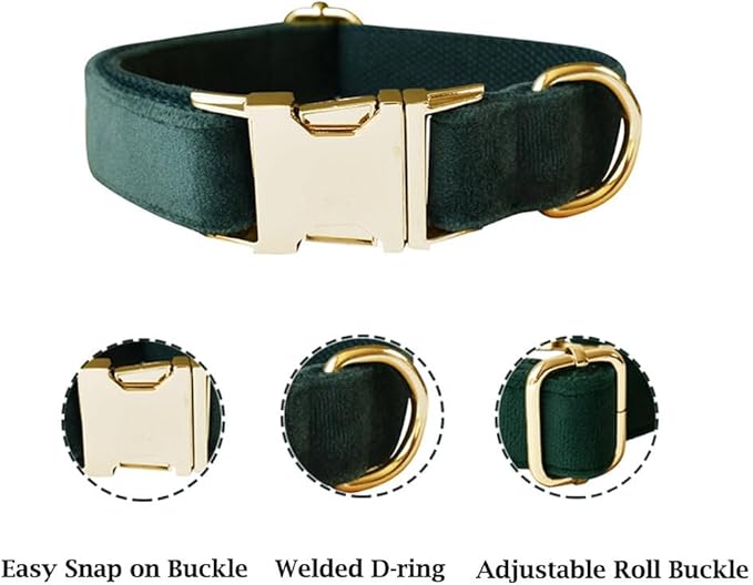 JAY D.L Dog Collar and Leash Set，Soft & Comfy Velvet Dog Collars with Heavy Duty Metal Buckle and Matching Lead Adjustable for Small Medium Large Dogs (Small, Green)