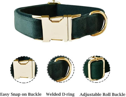 JAY D.L Dog Collar and Leash Set，Soft & Comfy Velvet Dog Collars with Heavy Duty Metal Buckle and Matching Lead Adjustable for Small Medium Large Dogs (Medium, Green)