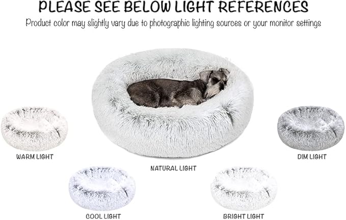 Friends Forever Donut Dog Bed Faux Fur Fluffy Calming Sofa For Small Dogs, Soft & Plush Anti Anxiety Pet Couch For Dogs, Machine Washable Coco Pet Bed with Non-Slip Bottom, 23"x23"x6" Ivory