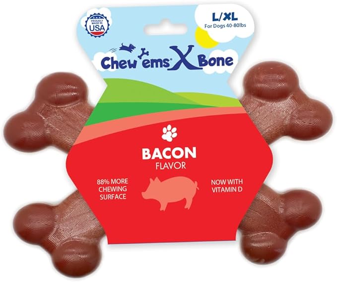 Chew’ems X Bone Dog Chew – Long-Lasting Bacon Flavor Treats for Aggressive Chewers – Rawhide-Free, Durable Dental Chews – Large Size