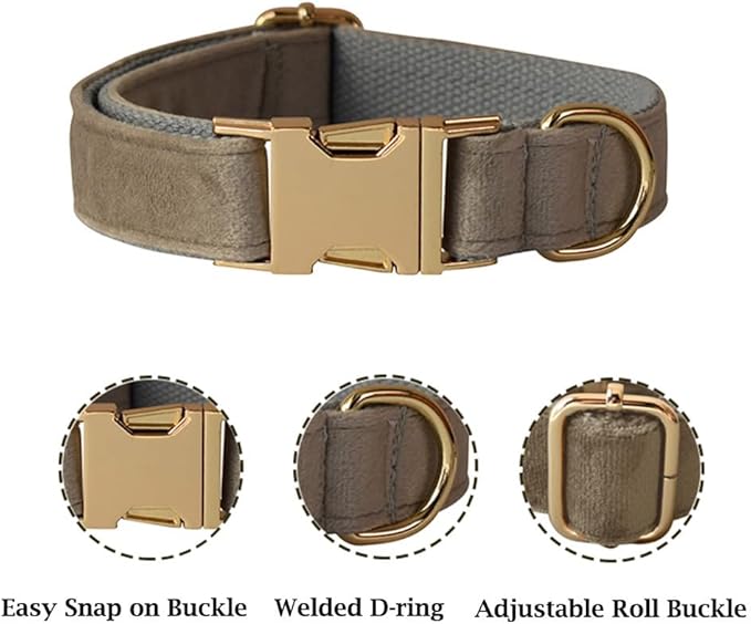 JAY D.L Dog Collar and Leash Set，Soft & Comfy Velvet Dog Collars with Heavy Duty Metal Buckle and Matching Lead Adjustable for Small Medium Large Dogs (Small, Grey)
