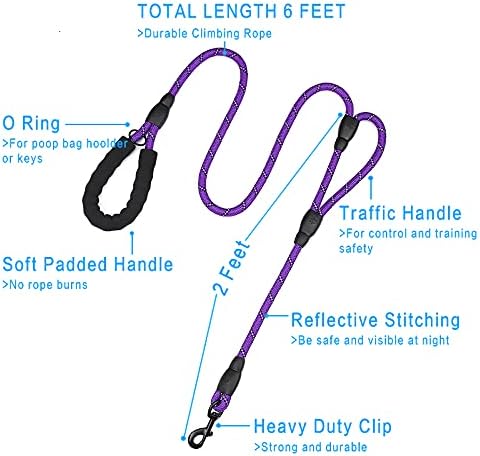 PLUTUS PET Rope Dog Leash 6ft Long,Traffic Padded Two Handle,Heavy Duty,Reflective Double Handles Lead for Control Safety Training,Leashes for Large Dogs or Medium Dogs,Dual Handles Leads(Violet)