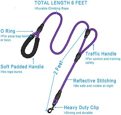 PLUTUS PET Rope Dog Leash 6ft Long,Traffic Padded Two Handle,Heavy Duty,Reflective Double Handles Lead for Control Safety Training,Leashes for Large Dogs or Medium Dogs,Dual Handles Leads(Violet)