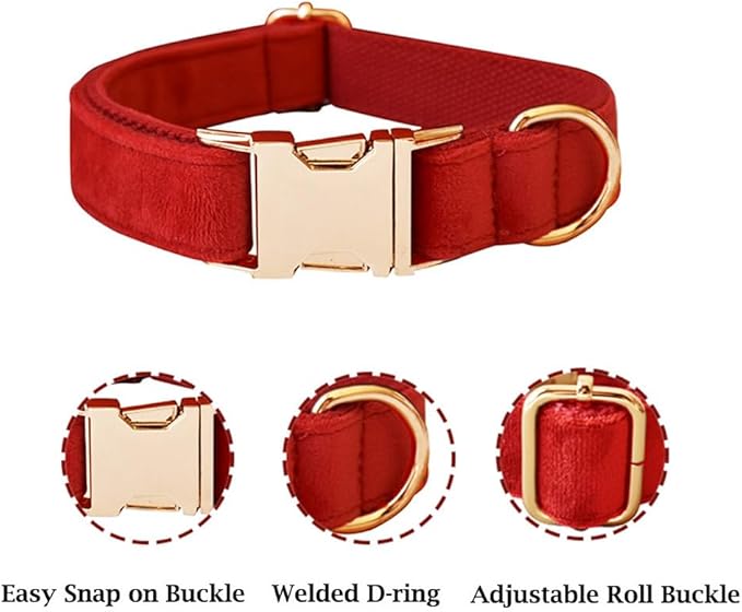 JAY D.L Dog Collar and Leash Set，Soft & Comfy Velvet Dog Collars with Heavy Duty Metal Buckle and Matching Lead Adjustable for Small Medium Large Dogs (Medium, Red)