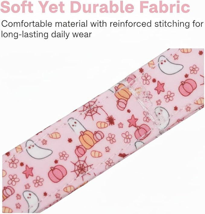 Cute Dog Collar, Pink Dog Collar with Pink Ghost Pattern and Soft Fabric, Girly Collar with Charm and Buckle, Adjustable for Girls Boys Dogs