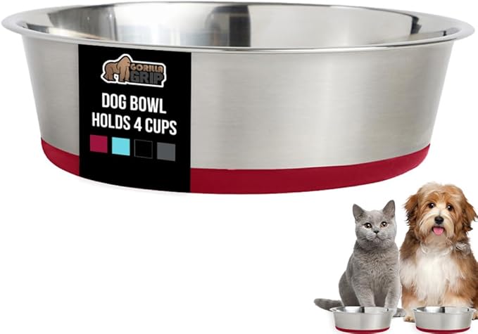 GORILLA GRIP Dog Bowl, Holds 4 Cups (32 fl oz), Heavy Duty Metal Food and Water Bowl for Feeding Dogs and Cats, Easy Clean, Dishwasher Safe, Rust Resistant Stainless Steel, BPA Free Rubber Base, Red