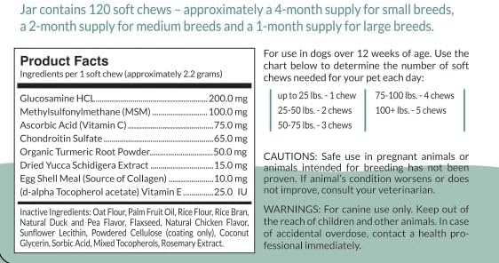 Hip & Joint Support for Dogs | Maximum Strength with Glucosamine, Chondroitin, MSM. Turmeric Root Powder - Relieves Arthritis Pain, Supports Cartilage & Hip Dysplasia - Made in USA - 120 Chews