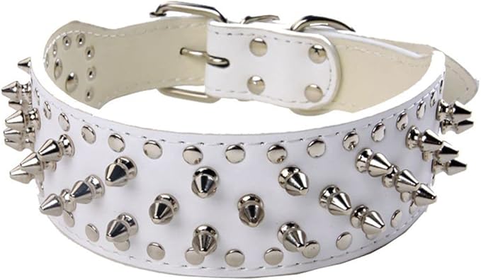Serijoars Spiked Studded Dog Collar, PU Leather Dog Collar, Adjustable Pet Collars for Medium or Large Breed Pet (XL, White)
