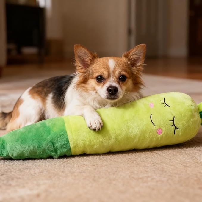 Plush Dog Toy, Carrot Squeaky Toy for All Breeds Pets, Green Polyester Blend, Large Size with Cute Design, Large&Small Interactive Pet Play Toy (Green, Large&Small)