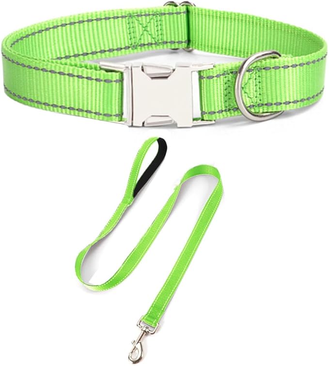 Reflective Dog Collar and Leash Set with Metal Buckle, Soft Sturdy Nylon Dog Collars with Quick Release Buckle, Adjustable Pet Collars with with ID Tag Ring for Small Medium Large Dogs
