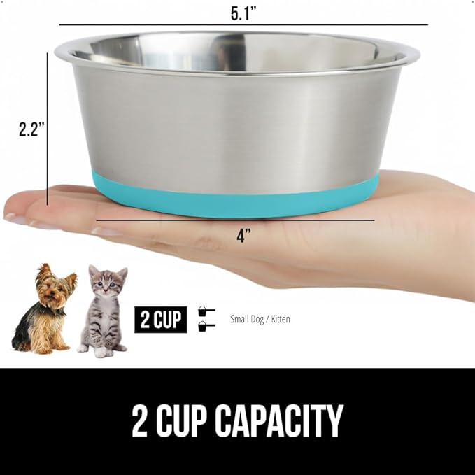 GORILLA GRIP Dog Bowls, Holds 2 Cups Each (16 fl oz), Heavy Duty Stainless Steel Food and Water Bowl for Feeding Dogs and Cats, Dishwasher Safe, Rust Resistant BPA Free Rubber Base, Set of 2 Turquoise