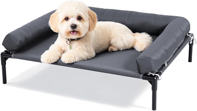 Cooling Elevated Dog Bed, 24.6x30 Raised Dog Bed with Removable Bolster Cushion, Breathable Mesh, Non-Slip Feet, and Metal Frame for Small Breeds Indoor Outdoor