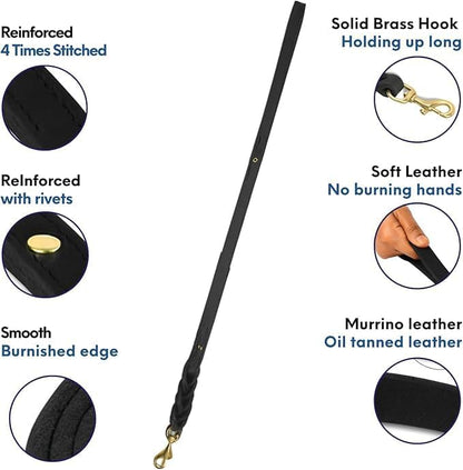 Leather Short Dog Leash 15 Inch - Short Dog Traffic Lead for Large Dogs Training and Walking - Braided Leather Tab for Large Dogs - Full Grain Heavy Duty. (Black, 2 FT)