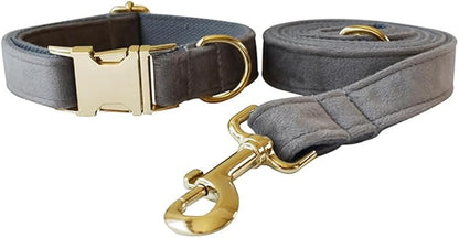 JAY D.L Dog Collar and Leash Set，Soft & Comfy Velvet Dog Collars with Heavy Duty Metal Buckle and Matching Lead Adjustable for Small Medium Large Dogs (Medium, Silver Grey)