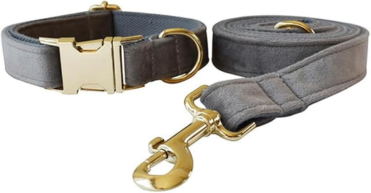 JAY D.L Dog Collar and Leash Set，Soft & Comfy Velvet Dog Collars with Heavy Duty Metal Buckle and Matching Lead Adjustable for Small Medium Large Dogs (Small, Silver Grey)