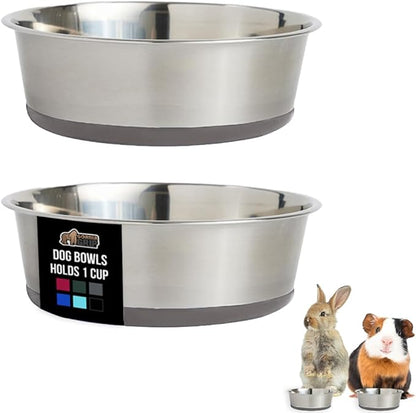 GORILLA GRIP Dog Bowls, Holds 1 Cup Each (8 fl oz), Heavy Duty Stainless Steel Food and Water Bowl for Feeding Dogs and Cats, Dishwasher Safe, Rust Resistant Metal, BPA Free Rubber Base, Set of 2 Gray
