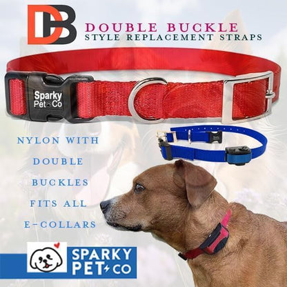 Sparky Pet Co - ECollar Replacement Strap - Easy Release Double Buckle Dog Collar - Rugged Nylon - Adjustable - D Ring - Quick Release Metal Clasp - for Invisible Fence Systems - 1" x 28" - Red
