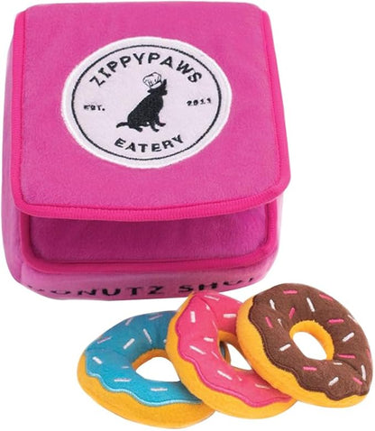 ZippyPaws Burrow- Interactive Dog & Puppy Toys for Boredom, Stimulating Pet Products to Keep Them Busy, Hide & Seek Plush Dog Puzzle, Enrichment Squeaky Toy, for Small & Medium Dogs- Donutz Box