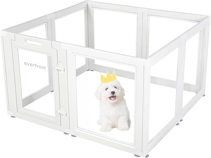 EVERFRONT Clear Acrylic Plastic Dog Playpen - Clear Dog Play Pen - Easy Assemble Acrylic Dog Playpen - Puppy Playpen, Cat Playpen, Small Animal Playpen, Dog Play Pen Indoors (White, 23.6“ H, 8PCS)