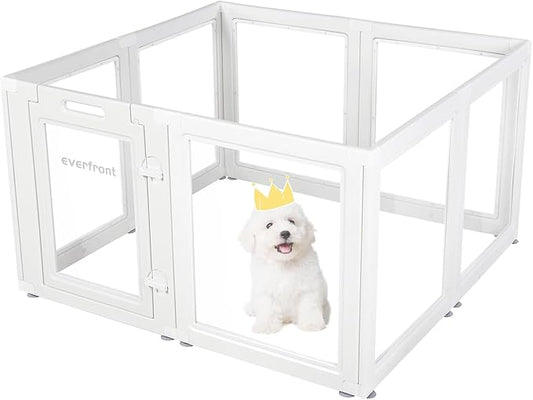 EVERFRONT Clear Acrylic Plastic Dog Playpen - Clear Dog Play Pen - Easy Assemble Acrylic Dog Playpen - Puppy Playpen, Cat Playpen, Small Animal Playpen, Dog Play Pen Indoors (White, 23.6“ H, 8PCS)