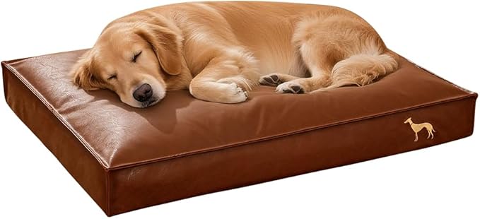 SOMAHE Dog Bed Medium Size Dog Orthopedic Beds for Small Dogs with Removable Washable PU Leather Cover Waterproof Brown 35.4×27.5×4inch