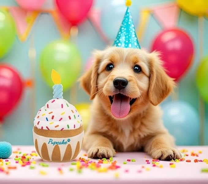 Nestpark Dog Birthday Toy - Pup Cake Puppy Cupcake Plush Squeak and Crinkle Gift