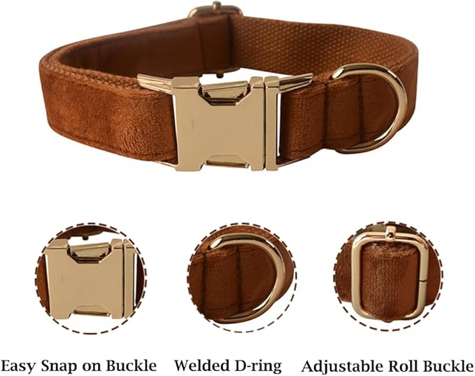 JAY D.L Dog Collar and Leash Set，Soft & Comfy Velvet Dog Collars with Heavy Duty Metal Buckle and Matching Lead Adjustable for Small Medium Large Dogs (Small, Bronze)