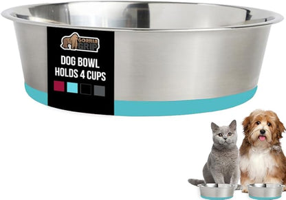 GORILLA GRIP Dog Bowls, Holds 4 Cups Each (32 fl oz), Heavy Duty Stainless Steel Food and Water Bowl for Feeding Dogs and Cats, Dishwasher Safe, Rust Resistant, BPA Free Rubber Base Set of 2 Turquoise
