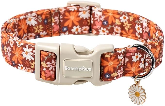 Lionet Paws Vintage Floral Dog Collar- Cute Fall Groundsel Oxalis Golden-Rod Dog Collars with Plastic Buckle,Light Adjustable Brown Dog Collars for Medium Large Dogs