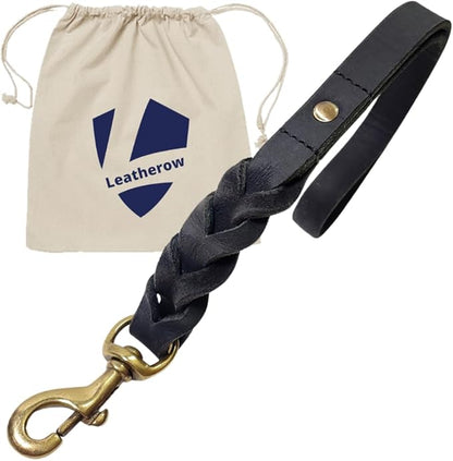 Leather Short Dog Leash 15 Inch - Short Dog Traffic Lead for Large Dogs Training and Walking - Braided Leather Tab for Large Dogs - Full Grain Heavy Duty. (Black, 1 FT)