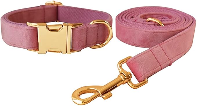 JAY D.L Dog Collar and Leash Set，Soft & Comfy Velvet Dog Collars with Heavy Duty Metal Buckle and Matching Lead Adjustable for Small Medium Large Dogs (Medium, Pink)