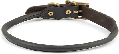 Jeffers Rolled Leather Dog Collar with Brass Hardware, Chestnut Brown - Safe Leather Design, Durable Brass Hardware, Adjustable Round Collar for Long Fur Dogs, Pairs with Leash, 3/4" W x 17" L