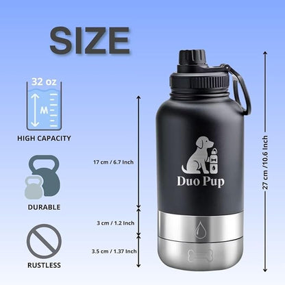 DuoPup 32oz Insulated Stainless Steel Pet Water & Food Bottle – Portable Leak-Resistant Dispenser with Two Detachable Bowls & Carrying Strap – Travel, Hiking & Outdoor Pet Hydration – Dark Green