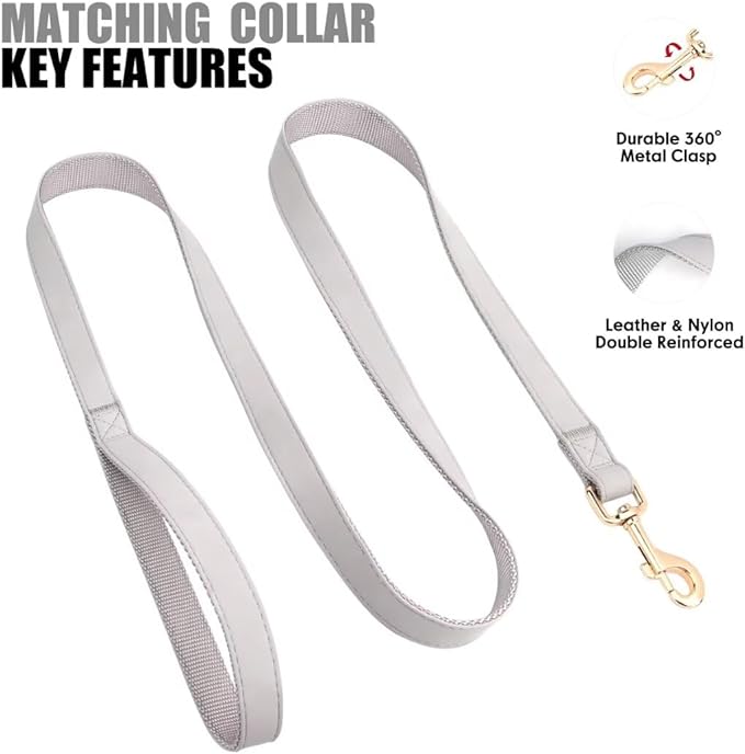 PET ARTIST Soft PU Leather Dog Collar and Leash Set, Bright & Stylish 5FT PU Leather Leash and Collar Set, Durable Pet Collars with Quick Release Metal Buckle for Small Dogs,Gray,S(9"-14")