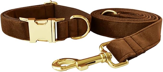 JAY D.L Dog Collar and Leash Set，Soft & Comfy Velvet Dog Collars with Heavy Duty Metal Buckle and Matching Lead Adjustable for Small Medium Large Dogs (XLarge, Coffee)