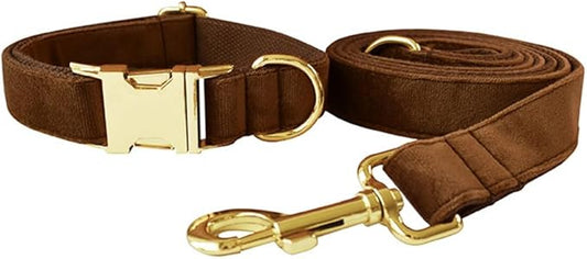 JAY D.L Dog Collar and Leash Set，Soft & Comfy Velvet Dog Collars with Heavy Duty Metal Buckle and Matching Lead Adjustable for Small Medium Large Dogs (Small, Coffee)